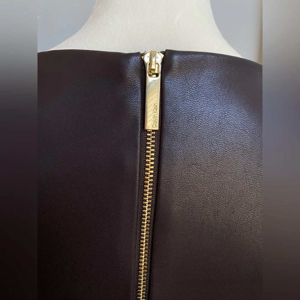 NWT Calvin Klein Belted Faux Leather Sheath Dress - Espresso Brown - Picture 10 of 16